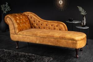 Designová prošívaná lenoška Chesterfield s hořčicově žlutým sametovým potahem a masivníma nohama 170cm