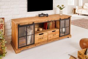 Industriální stylový TV stolek Woodcut z masivní přírodní hnědé barvy se šuplíky, poličkami a skleněnými dvířky 160cm