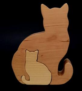 AMADEA Dřevěné puzzle kočky, masivní dřevo dvou druhů dřevin, 11,5x15x3 cm