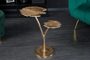 Designový příruční stolek Ginko v art deco stylu se dvěma deskami ve tvaru listu ve zlaté barvě 56cm