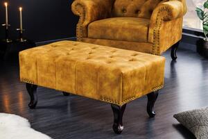 Designová taburetka Cella s Chesterfield sametovým čalouněním s dřevěnými nožičkami hořčicově žlutá 80cm