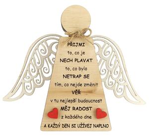 AMADEA Dřevěný anděl stojící s křídly a motivačním textem, masivní dřevo, 18 x 15 cm