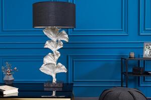 Designová art deco stolní lampa Ginko stříbrné barvy z kovu s černým kulatým stínítkem 70cm