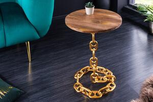 Designový kulatý příruční stolek Belime Gold s ozdobnou zlatou konstrukcí z kovu a mangovou vrchní deskou 54cm
