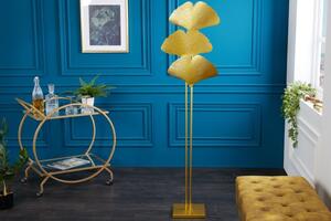 Designová glamour stojací lampa Ginko zlaté barvy z kovu s ozdobnými listy jinanu 160cm