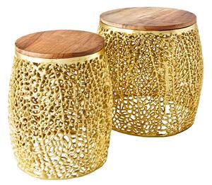 Designový set dvou konferenčních stolků Hoja s kovovou zlatou konstrukcí a kulatou dřevěnou deskou 46 cm