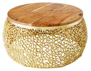 Designový kulatý konferenční stolek Hoja se zlatou kovovou konstrukcí a hnědou masivní deskou 75cm