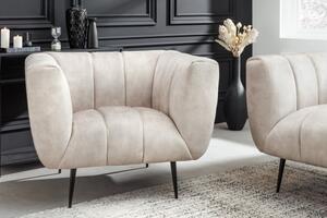 Art deco moderní křeslo Vermont v krémovém champagnu čalounění na černých nožičkách 106cm