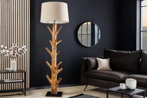 Etno stylová stojací lampa Nature s hnědou masivní podstavou a bílým stínítkem 175cm