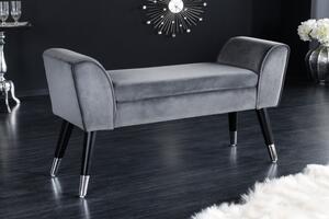 Designová čalouněná lavice Karen se šedým sametovým potahem a černými nožičkami z kovu 90cm