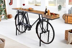 Industriální designový barový pult Bicycle s masivní deskou a černou podstavou s koly 194cm