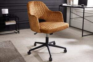 Designová moderní otočná židle Pedro s okrovým žlutým sametovým potahem a konstrukcí s kolečky 82 cm