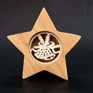 AMADEA Dřevěná hvězda s vkladem - zvonky, masivní dřevo, 10x10x3 cm