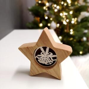 AMADEA Dřevěná hvězda s vkladem - zvonky, masivní dřevo, 10x10x3 cm