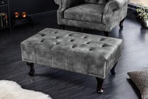 Vintage taburetka Marlon s šedým sametovým čalouněním s chesterfield prošíváním a masivními vyřezávanými nožičkami 80cm