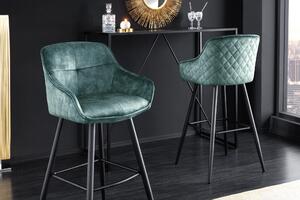 Designová glamour barová židle Rufus s modrozeleným sametovým potahem a černou kovovou konstrukcí 100cm