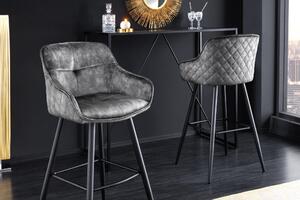 Glamour designová barová židle Rufus s tmavě šedým sametovým čalouněním a černou konstrukcí z kovu 100cm