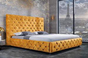 Moderní manželská postel Kreon se sametovým potahem žluté barvy s chesterfield prošíváním 160x200cm