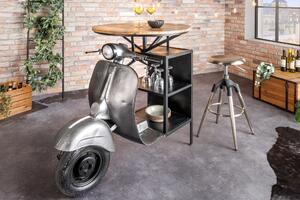 Industriální barový stůl Scooter s designem motorky a policemi a vrchní deskou z mangového dřeva stříbrná 116 cm