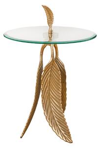 Art-deco kulatý příruční stolek Pluma se skleněnou vrchní deskou a podstavou s designem pírek ve zlaté barvě 45 cm