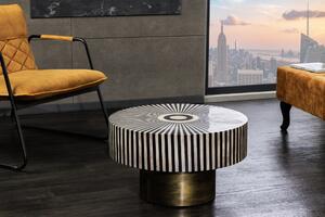 Art deco kulatý konferenční stolek Hypnotique s černobílým kostním ozdobným vykládáním a podstavou ve zlaté barvě 60 cm