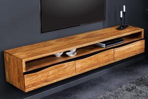 Designový retro nástěnný TV stolek Mammut z masivního akáciového dřeva se třemi zásuvkami a jednou dlouhou poličkou 160cm