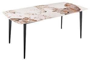 Designový jídelní stůl Tazer s deskou s bílo šedým mramorovým vizuálem a čtyřmi černými úzkými nožičkami 160 cm