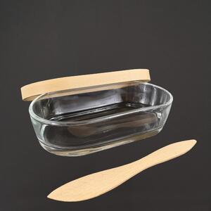 AMADEA Skleněná máslenka s dřevěným poklopem a nožem, 19 cm