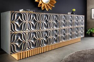 Luxusní šedo zlatý art deco čtyřdveřový příborník Arix s vyřezávaným ornamentálním zdobením 177 cm