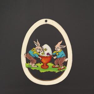 AMADEA Dřevěná dekorace vajíčko - zajíčci, velikost 9 cm, český výrobek