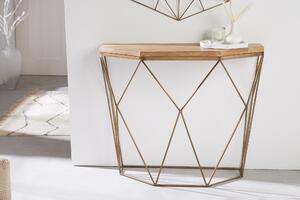 Designový art deco konzolový stolek Xoia se zlatou podstavou s diamantovým vzorem a hnědou dřevěnou deskou 75 cm