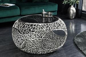 Designový glamour kulatý stříbrný konferenční stolek Hoja s úložným prostorem a abstraktním designem 40 cm