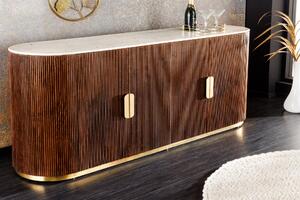 Luxusní art deco oválný čtyřdveřový příborník Gatsby z mangového dřeva s mramorovou vrchní deskou hnědá bílá 180 cm