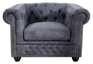Vintage šedé křeslo Chesterfield Grau s ozdobným prošíváním s kulatými knoflíčky a potahem s efektem vintage kůže 105 cm