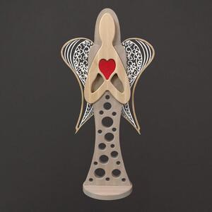 AMADEA Dřevěný anděl na podstavci s bílými křídly a červeným srdcem, masivní dřevo, 63x31 cm, český výrobek