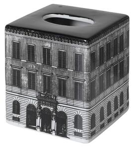Designový vintage box na kapesníky New York s motivem cihlové budovy v černé a bílé barvě z porcelánu 15 cm