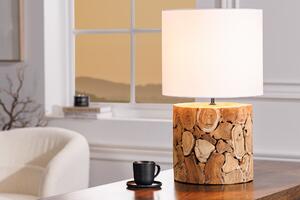 Designová masivní stolní lampa Egura s dřevěnou hnědou podstavou a kulatým bílým stínítkem 45 cm