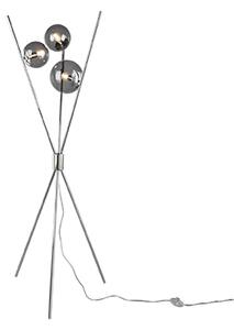 Designová stojací lampa stříbrná s kouřovým sklem 3-světlo - Stino