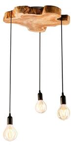 Designový industriální lustr Hypnotic s prvkem z hnědého masivního dřeva longan a třemi visícími žárovkami 80 cm