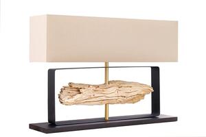 Designová moderní stolní lampa Rousilique s béžovým stínítkem a černou kovovou podstavou s prvkem z naplaveného dřeva 62 cm