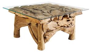 Stylový etno čtvercový masivní konferenční stolek Wild s designem hnědého naplaveného dřeva s povrchovou skleněnou deskou 80 cm