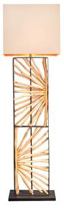 Designová etno stojací lampa Adduro s podstavou z černého kovu a masivního dřeva ve hnědé barvě s béžovým stínítkem 165 cm