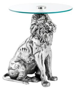 Designový art deco příruční stolek Tierra Glam s kulatou skleněnou deskou a nohou v podobě stříbrného lva 60 cm