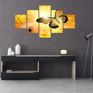 Obraz - Žlutý motýl s květem (125x70 cm)