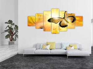 Obraz - Žlutý motýl s květem (210x100 cm)