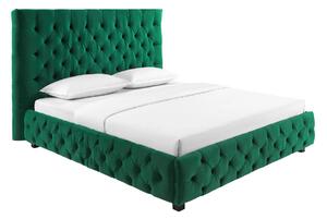 Stylová chesterfield smaragdová zelená manželská postel Kreon se sametovým potahem s nízkými černými nožičkami 220 cm