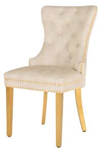 Glamour čalouněná prošívaná béžová jídelní židle Modern Barock se zlatými kovovými nožičkami a klepátkem 98 cm