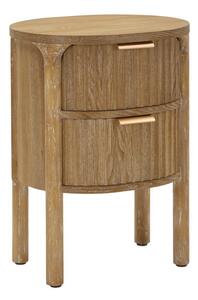 Stylový art deco hnědý ovální noční stolek Meer se dvěma šuplíky s výraznou strukturou a zlatými úchyty 52 cm