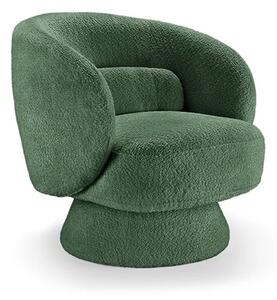 Art deco otočné křeslo Elian s čalouněním bouclé v tmavě zelené barvě a kruhovou kulatou základnou o 360 stupňů 76 cm