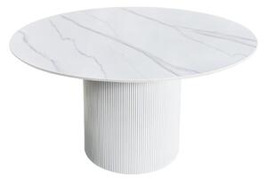 Art deco kulatý jídelní stůl Marmol Lignia s bílou drážkovanou podstavou a mramorovou bílou deskou 120 cm